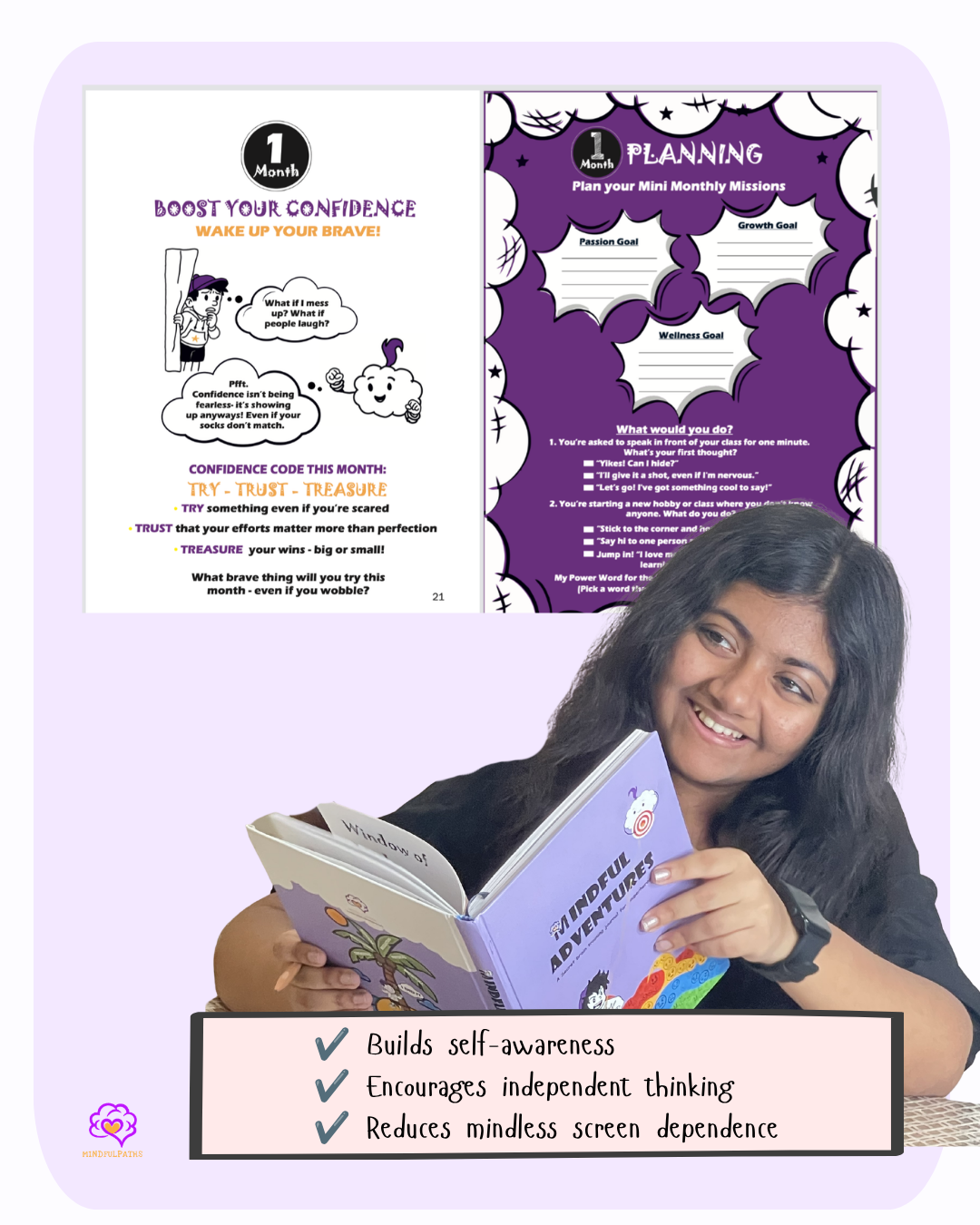 A child holding the Mindful Adventures journal, smiling